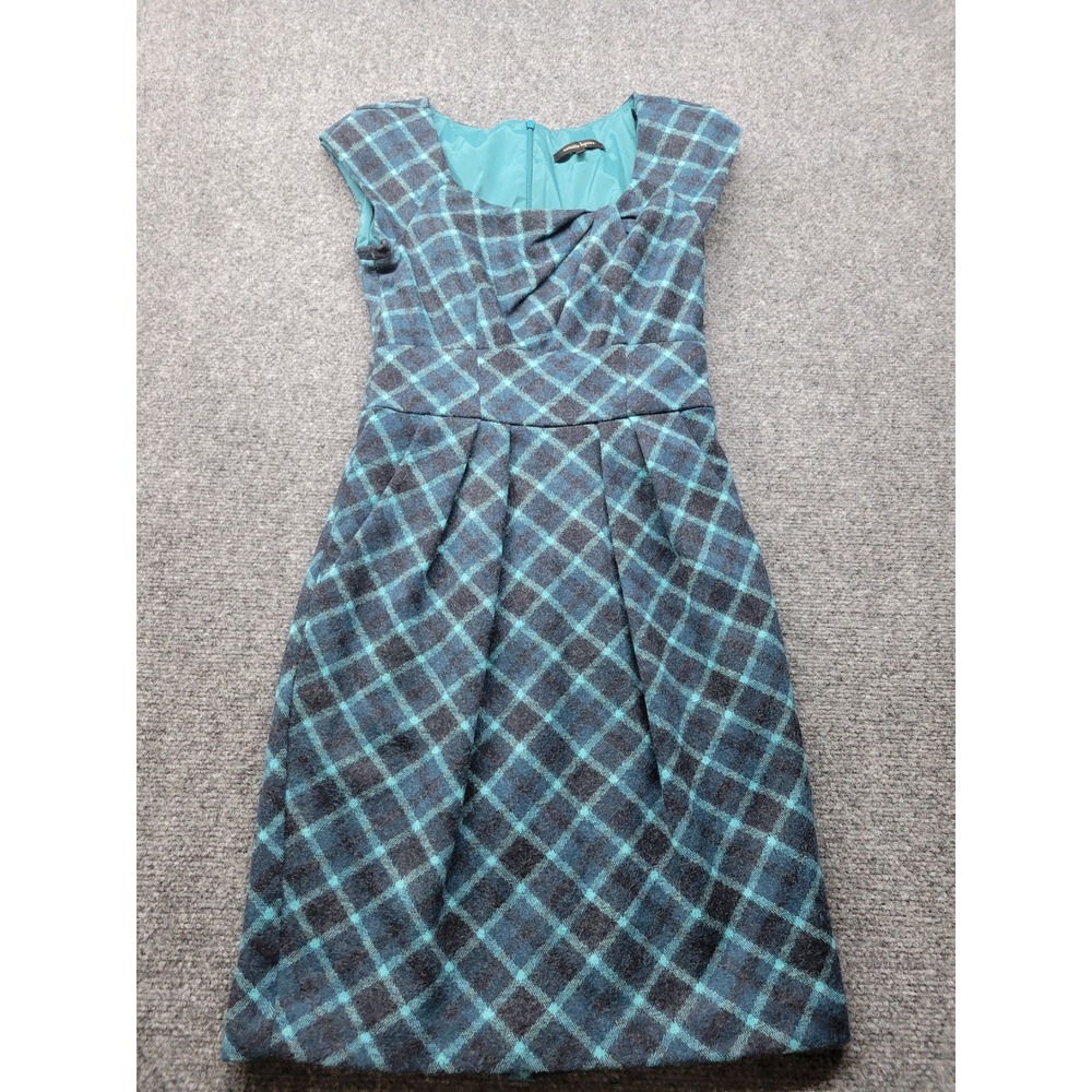 Nanette Lepore Teal Gray Plaid Wool Sheath Dress Size 0 Made in USA 153-4671